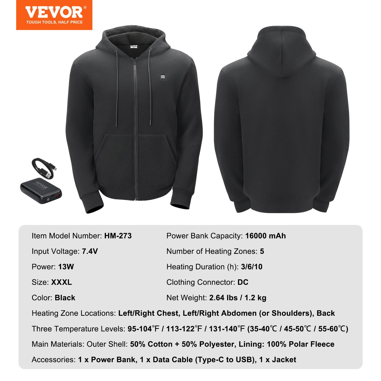 Best Heated Hoodie 2025 - VEVOR Unisex Zip - Up Hoodie with Battery, Black, XXXL - GNS Beauty & Personal Care