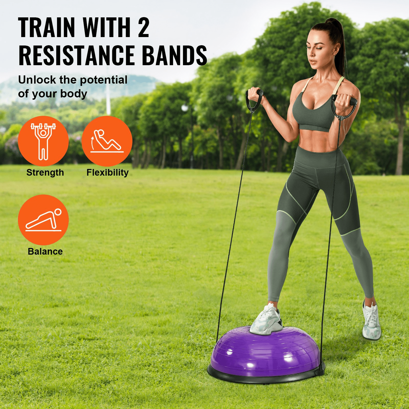 Half Exercise Ball with Resistance Bands – 23 - Inch Stability Trainer, 660lb Capacity, Purple - GNS Beauty & Personal Care