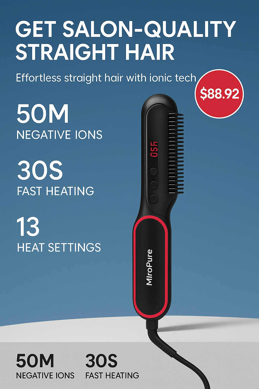 MiroPure Ionic Hair Straightener Brush with Advanced Heat Settings - GNS Beauty & Personal Care