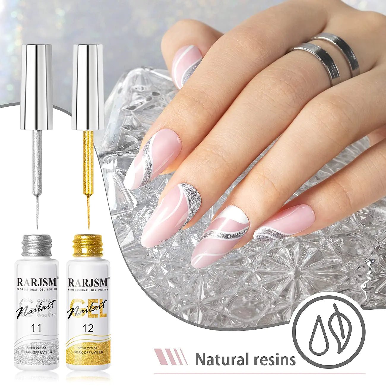 RARJSM Gel Liner Nail Art Set - Silver & Gold Glitter, Thin Brush (8ml, 2 - Pack) - GNS Beauty & Personal Care