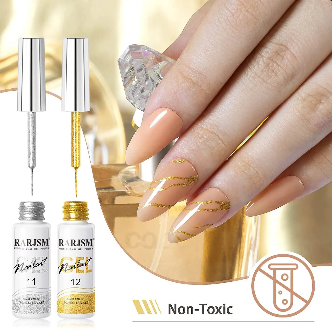 RARJSM Gel Liner Nail Art Set - Silver & Gold Glitter, Thin Brush (8ml, 2 - Pack) - GNS Beauty & Personal Care