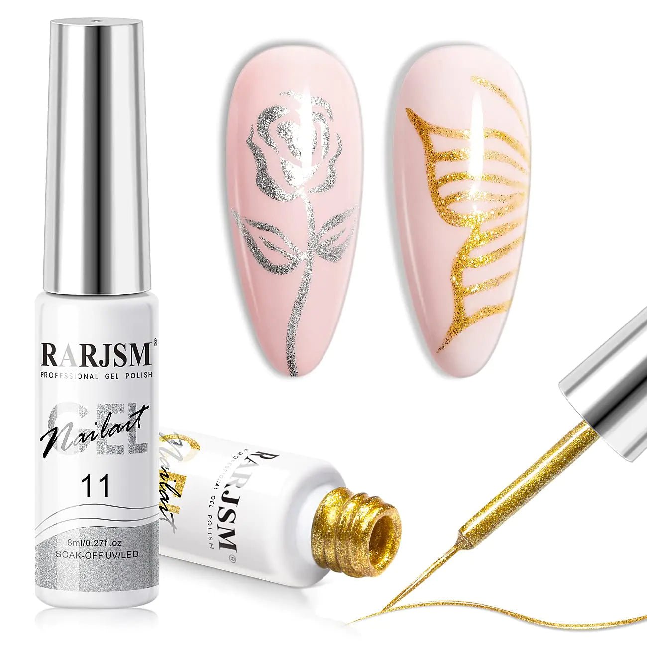 RARJSM Gel Liner Nail Art Set - Silver & Gold Glitter, Thin Brush (8ml, 2 - Pack) - GNS Beauty & Personal Care