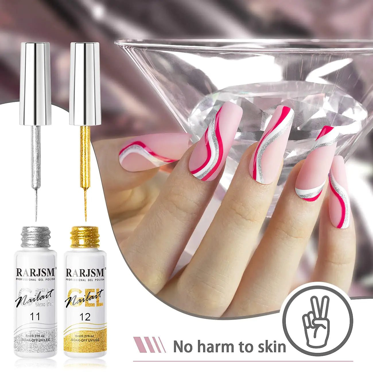 RARJSM Gel Liner Nail Art Set - Silver & Gold Glitter, Thin Brush (8ml, 2 - Pack) - GNS Beauty & Personal Care