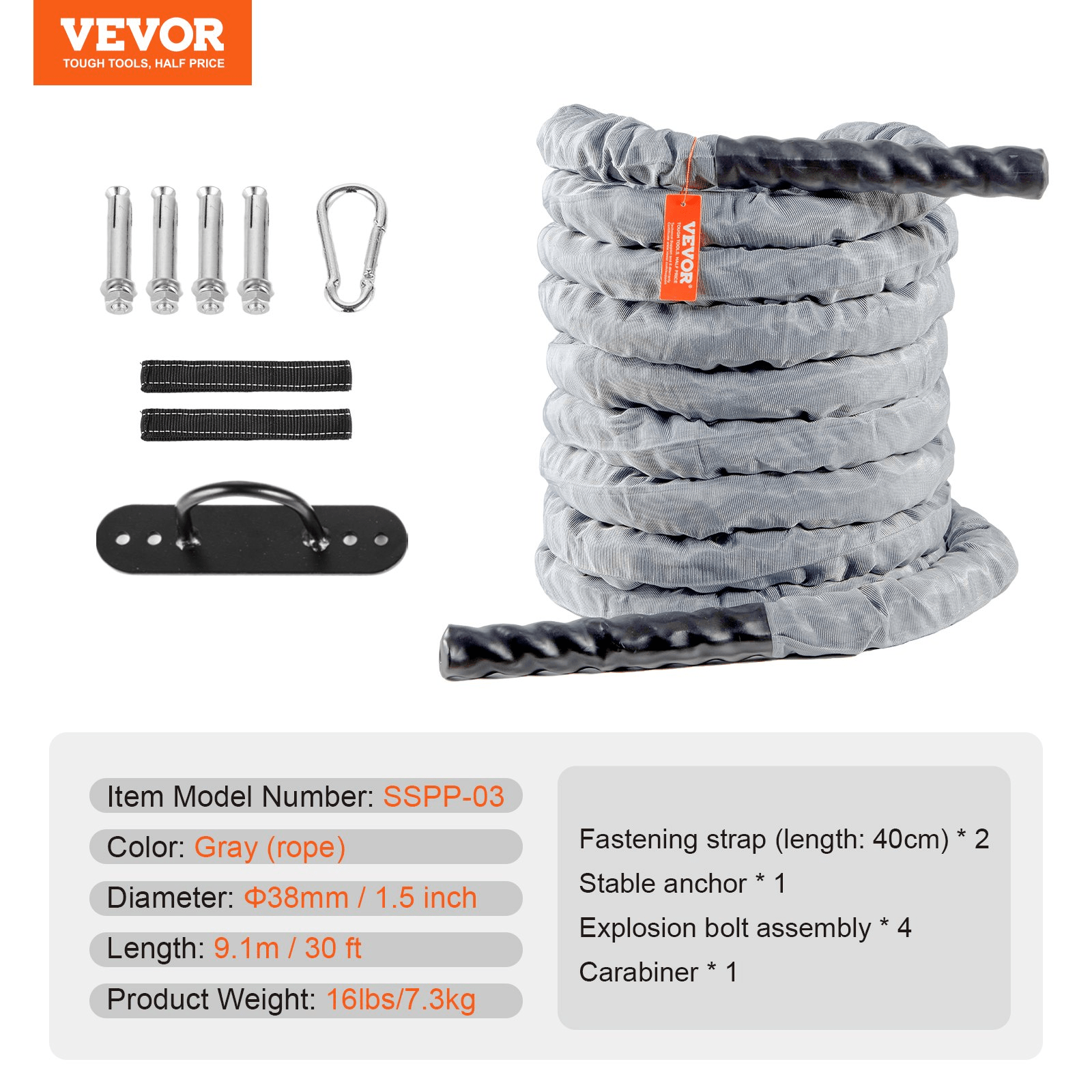 VEVOR Battle Rope 1.5" 30Ft Gym Workout Strength Training Exercise Fitness Rope - GNS Beauty & Personal Care