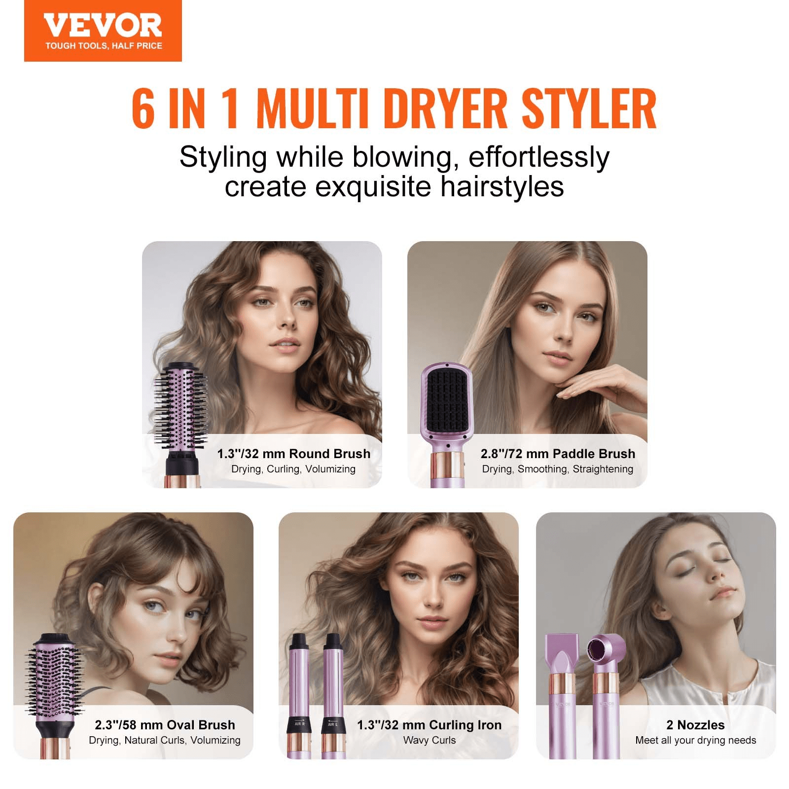 VEVOR Hair Dryer Brush – 6 - in - 1 Multi Hair Styler for Volumizing, Styling & Curling - GNS Beauty & Personal Care
