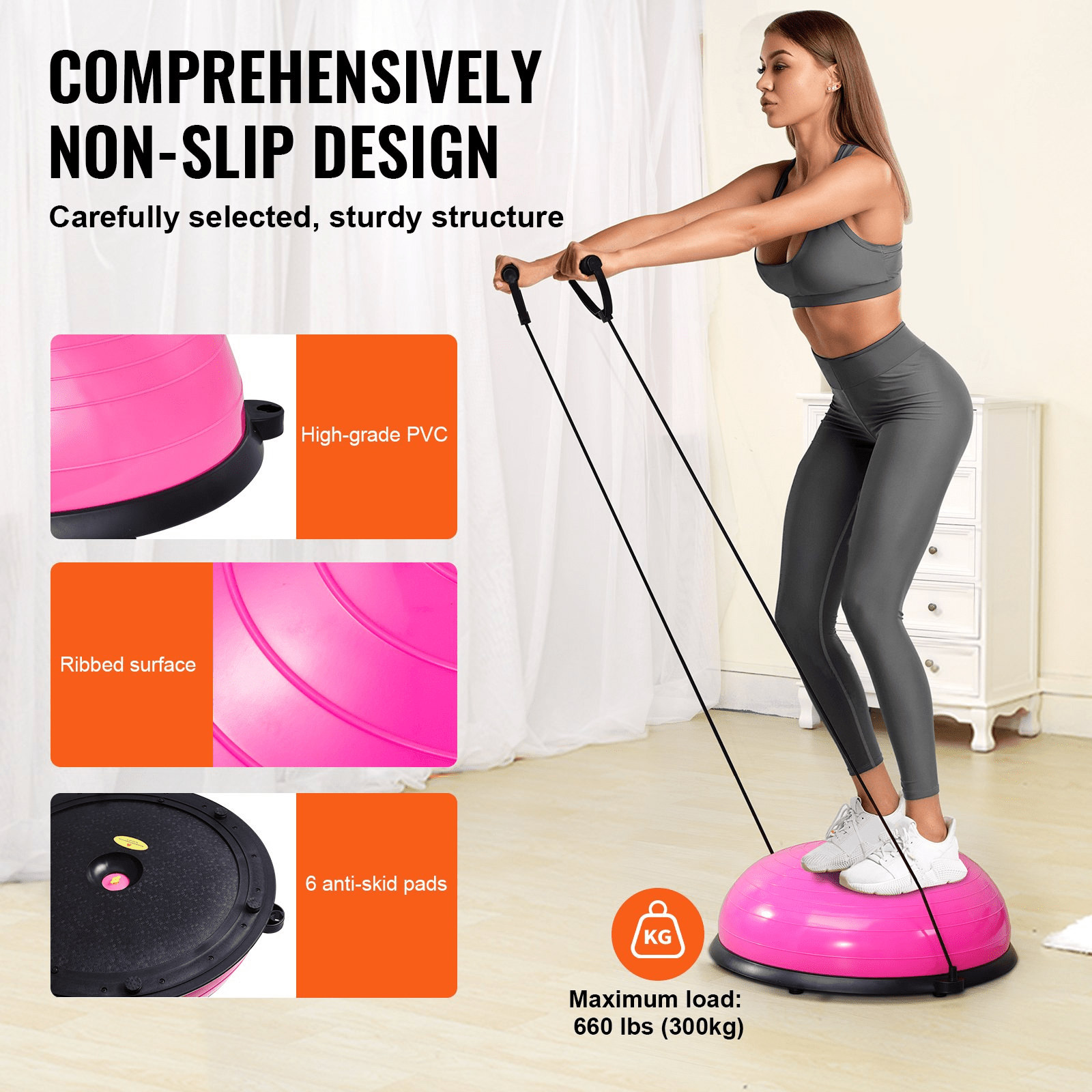 VEVOR Half Exercise Ball Trainer - 23" Balance Ball with Resistance Bands (Pink) - GNS Beauty & Personal Care