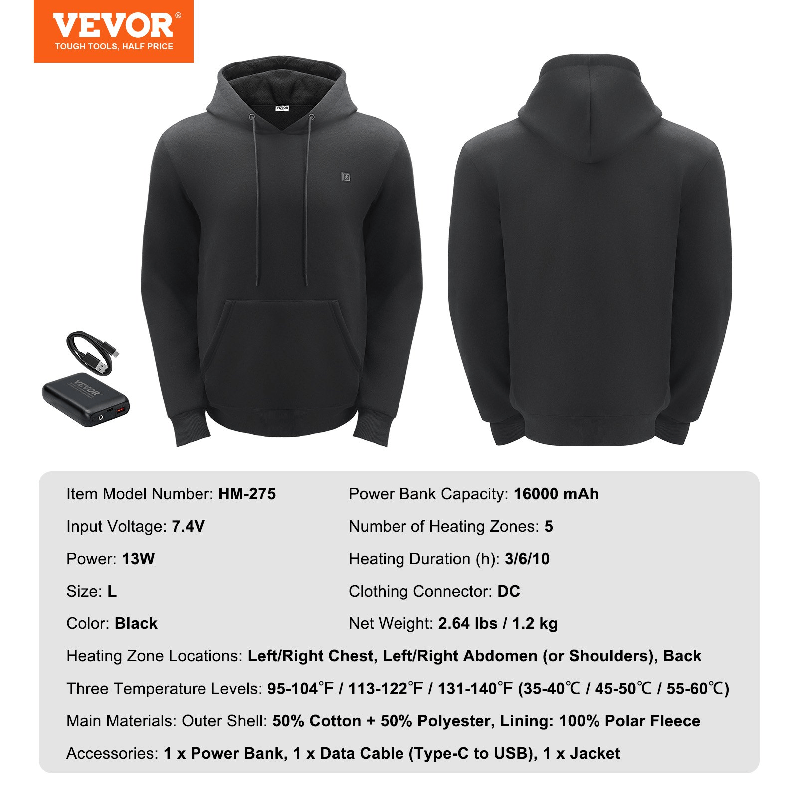 VEVOR Heated Hoodie - Best Heated Hoodie 2025, Black, Size L - GNS Beauty & Personal Care