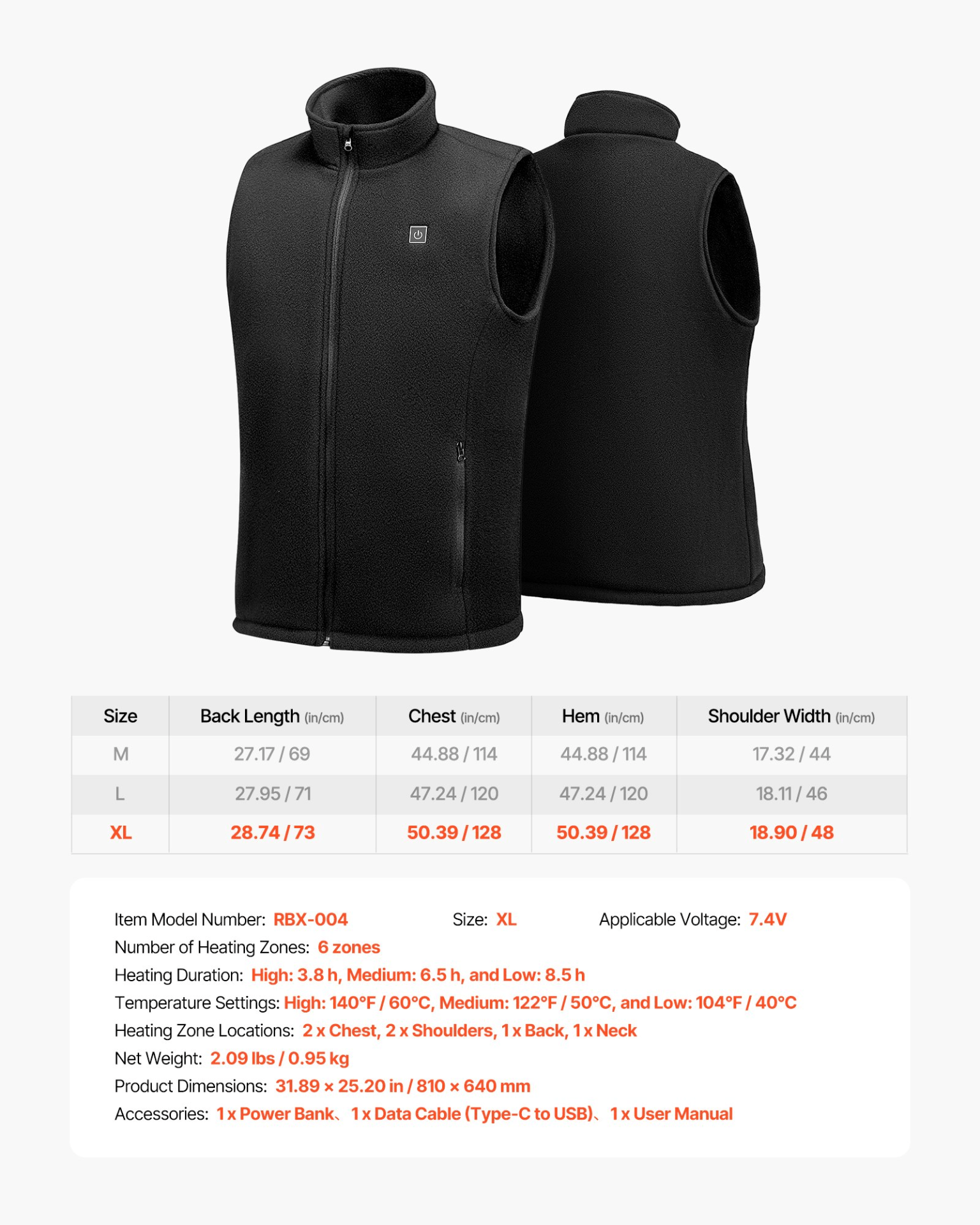 VEVOR Heated Vest, Men Electric Heating Vest with 16000 mAh Battery Pack, 6 Heating Zones Lightweight Rechargeable Winter - Vest with 3 Levels, for Outdoor Hiking Camping Fishing Skiing, Size XL - GNS Beauty & Personal Care