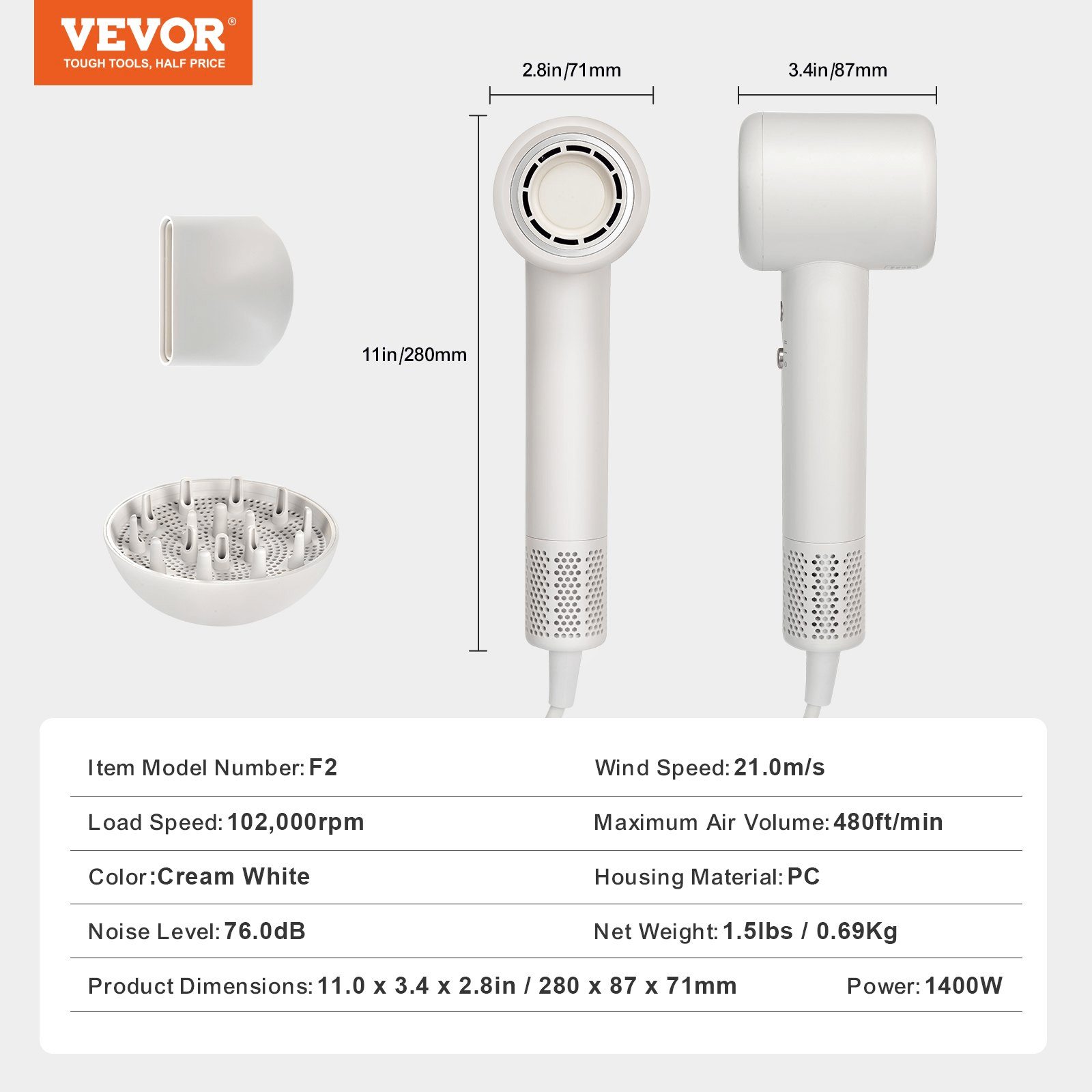 VEVOR High - Speed Hair Dryer with 102,000RPM Brushless Motor, 200 Million Negative Ions Hair Blow Dryer, 3 - Color Temp LED Lights & 2 Speeds, Lightweight Hairdryer with Diffuser & Nozzle for Home Travel - GNS Beauty & Personal Care