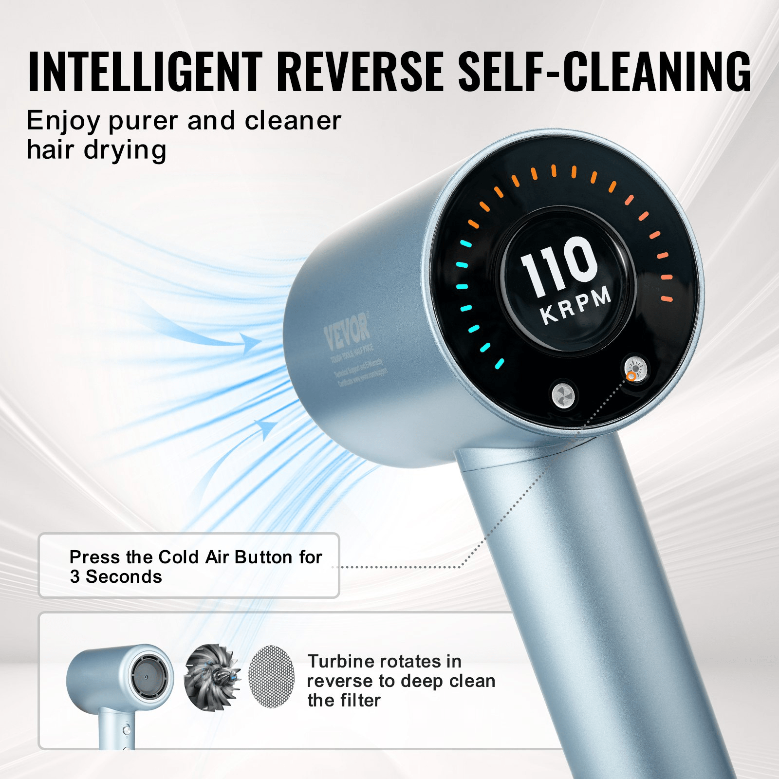 VEVOR High - Speed Hair Dryer with 105,000RPM Brushless Motor, 200 Million Negative Ions Hair Blow Dryer, 4 Temps & 3 Speeds, LCD Display Thermo - Control Hairdryer with Diffuser & Nozzle for Home Travel - GNS Beauty & Personal Care