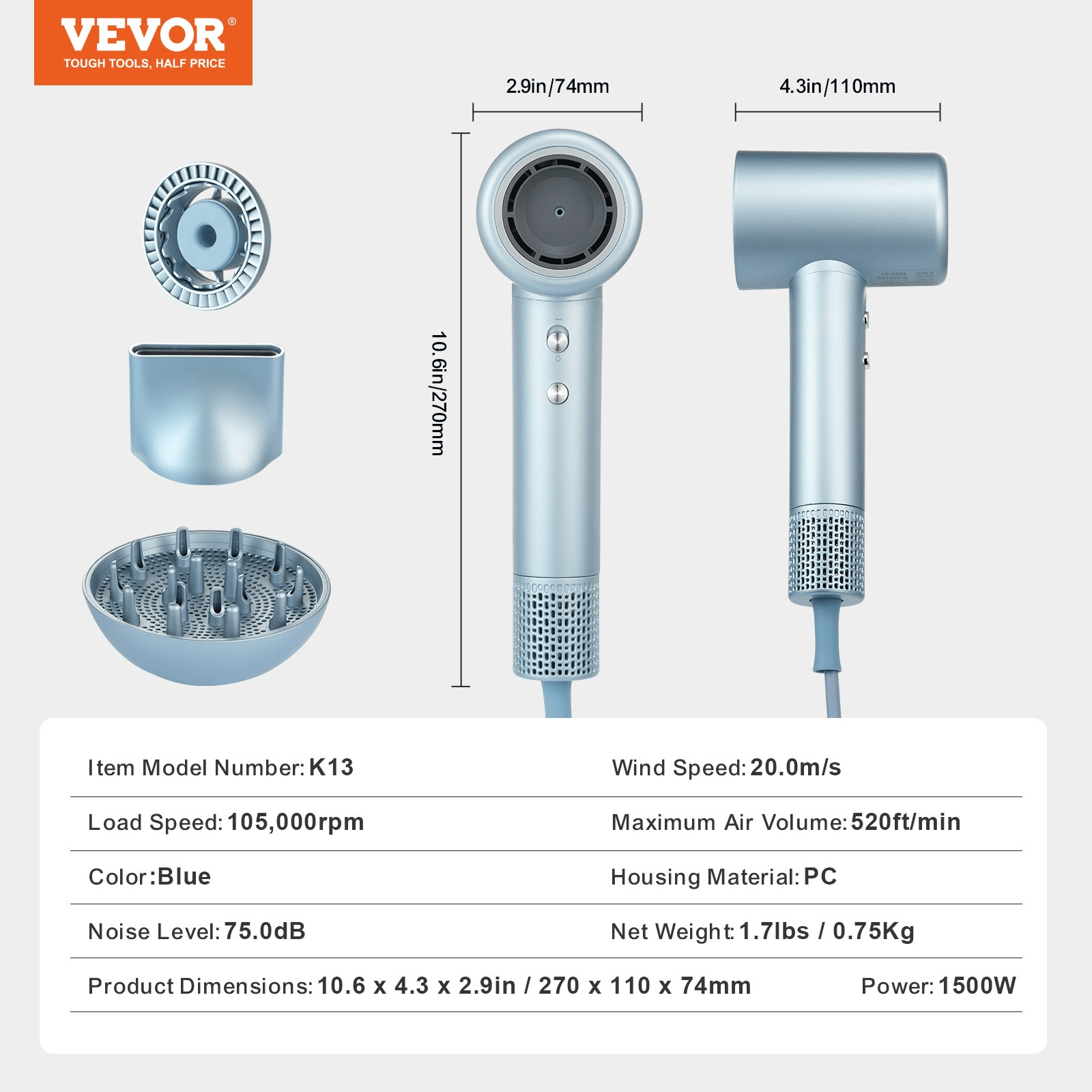 VEVOR High - Speed Hair Dryer with 105,000RPM Brushless Motor, 200 Million Negative Ions Hair Blow Dryer, 4 Temps & 3 Speeds, LCD Display Thermo - Control Hairdryer with Diffuser & Nozzle for Home Travel - GNS Beauty & Personal Care