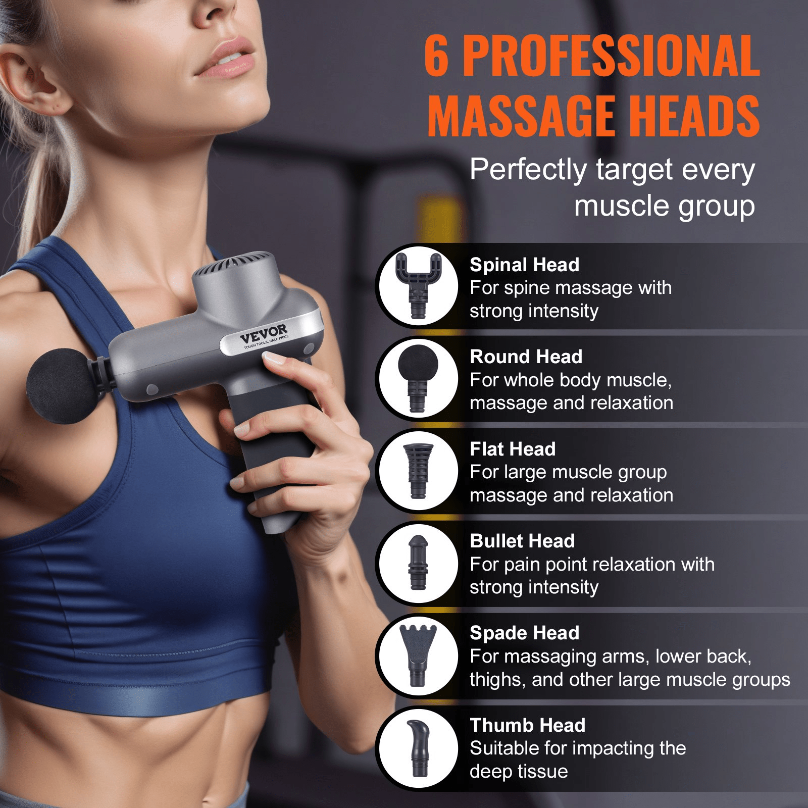 VEVOR Massage Gun Deep Tissue, Percussion Muscle Massager for Athletes - with 5 Speed Levels & 6 Massage Heads, 7.4V 2500mAh Batteries, Handheld Electric Massage Gun for Pain Relief, Muscle Relaxation - GNS Beauty & Personal Care
