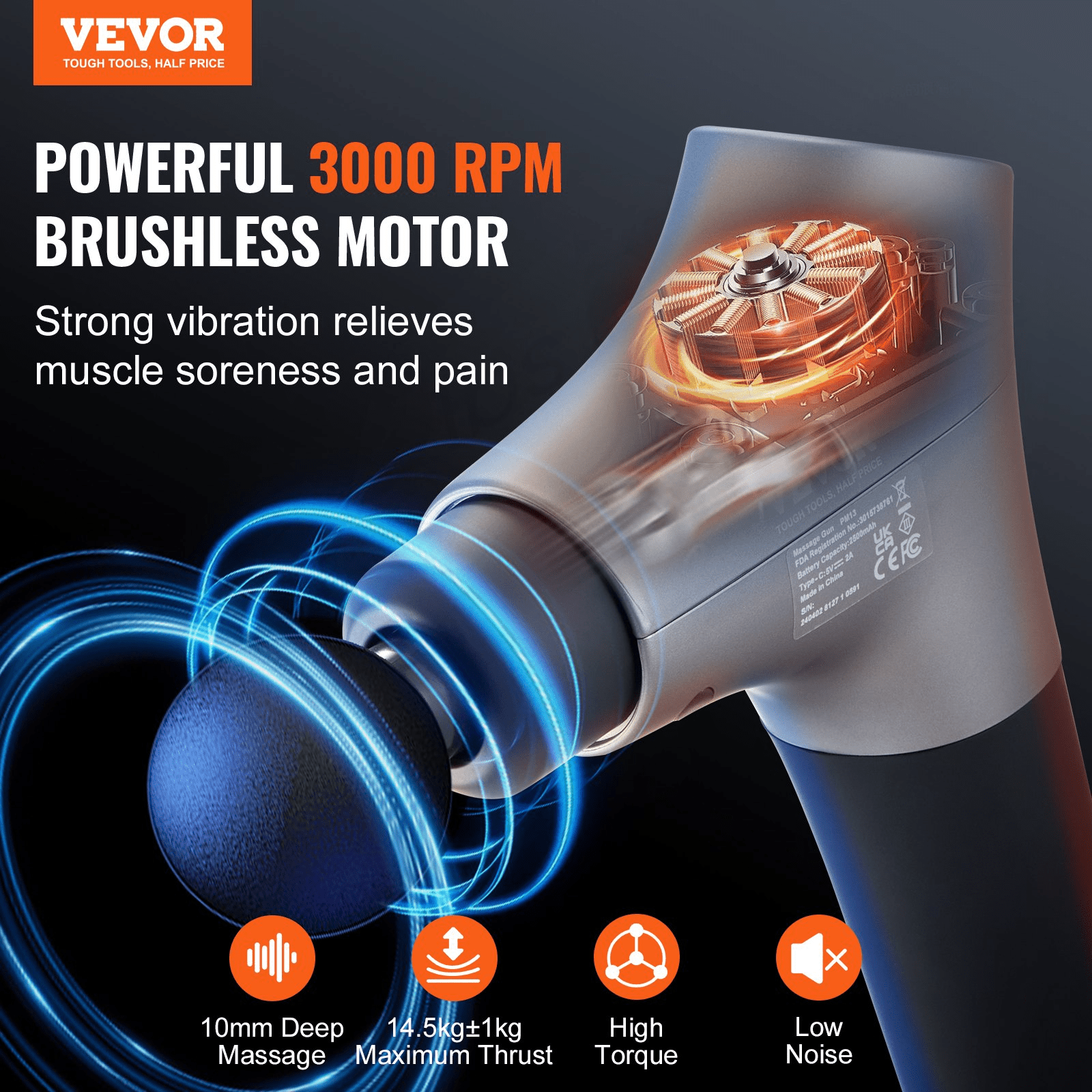 VEVOR Massage Gun Deep Tissue, Percussion Muscle Massager for Athletes - with 6 Speed Levels & 4 Massage Heads, 12V 2500mAh Batteries, Handheld Electric Massage Gun for Pain Relief, Muscle Relaxation - GNS Beauty & Personal Care