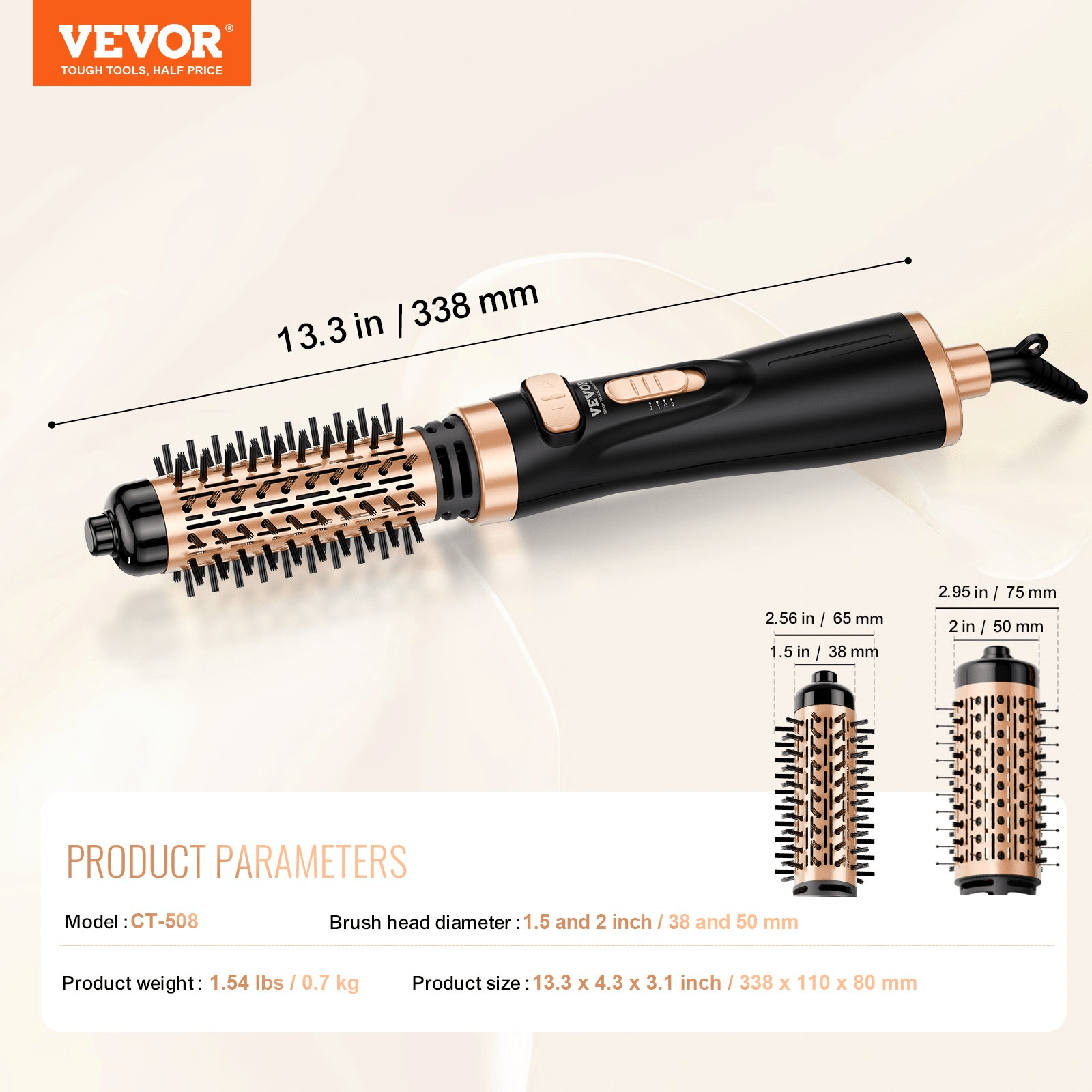 VEVOR Rotating Hair Dryer Brush Hot Air Styling Brush with 1.5" and 2" Head - GNS Beauty & Personal Care