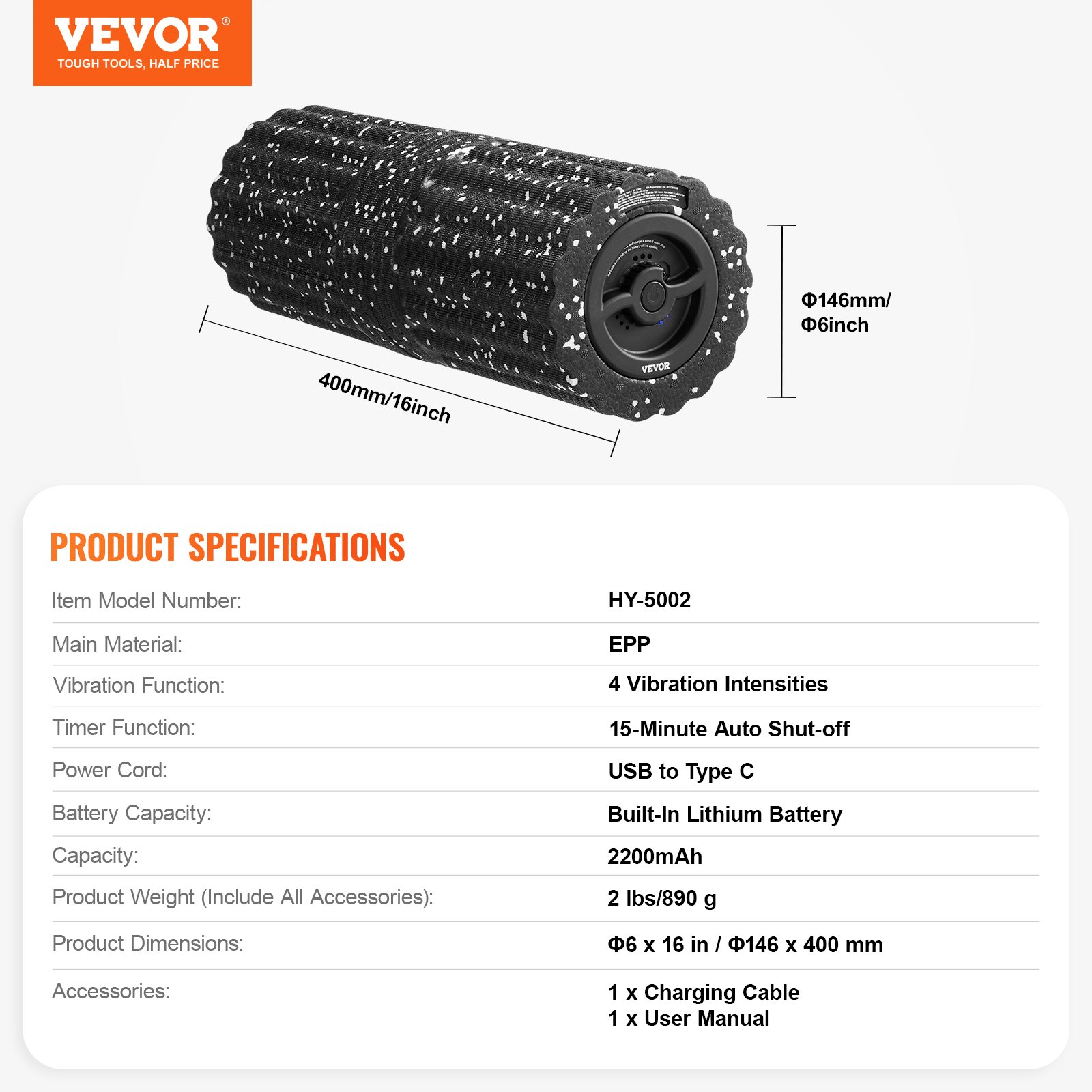 VEVOR Vibrating Foam Roller 4 Intensities Rechargeable Electric EPP Foam Roller - GNS Beauty & Personal Care