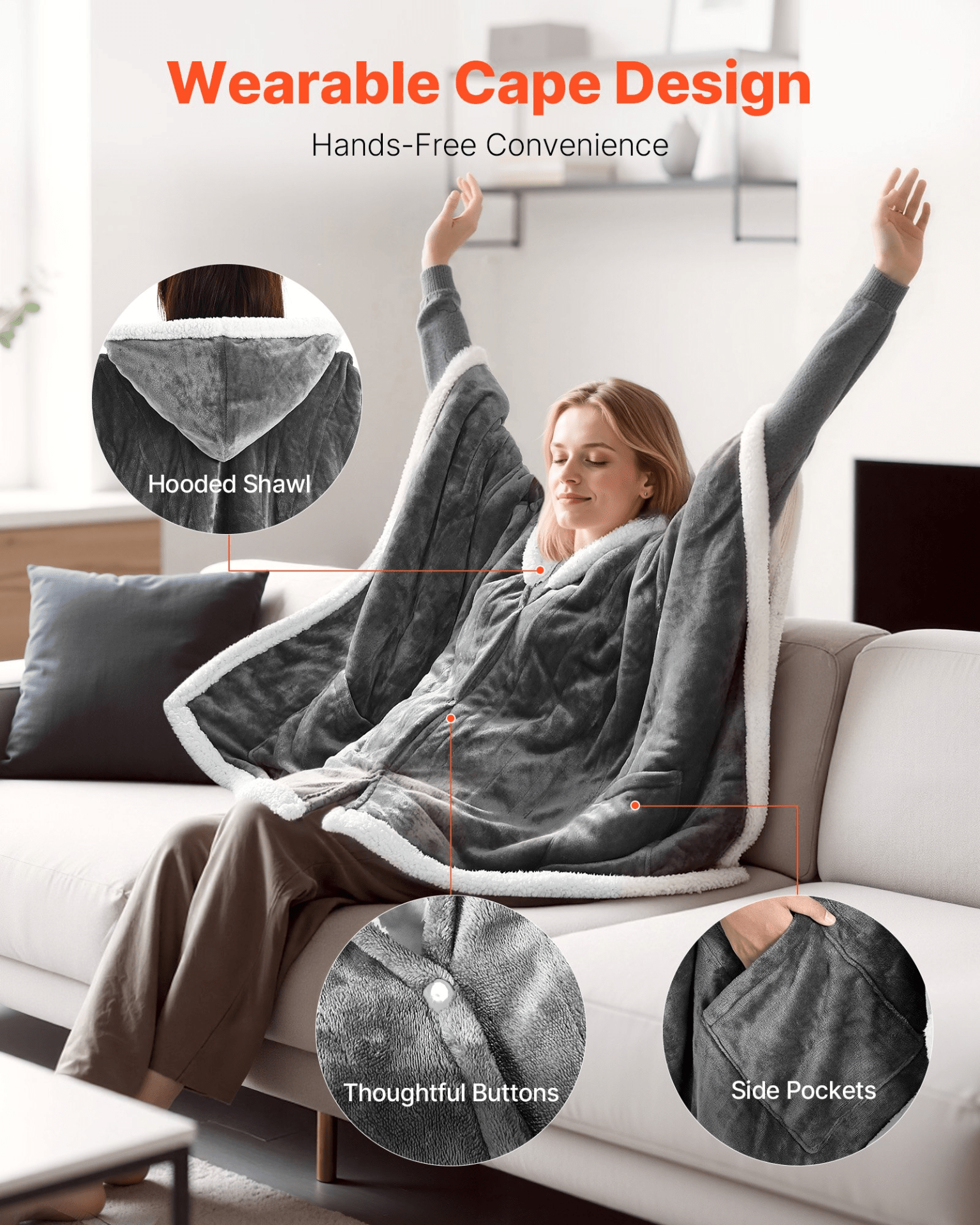 VEVOR Wearable Heated Throw Blanket Electric Shawl, Portable Robe Blanket Hoodie for Women, 5 Heating Levels, 3H Auto Shut - Off, Overheat Protection,Winter for Adult Mom Girlfriend,Machine Washable - GNS Beauty & Personal Care