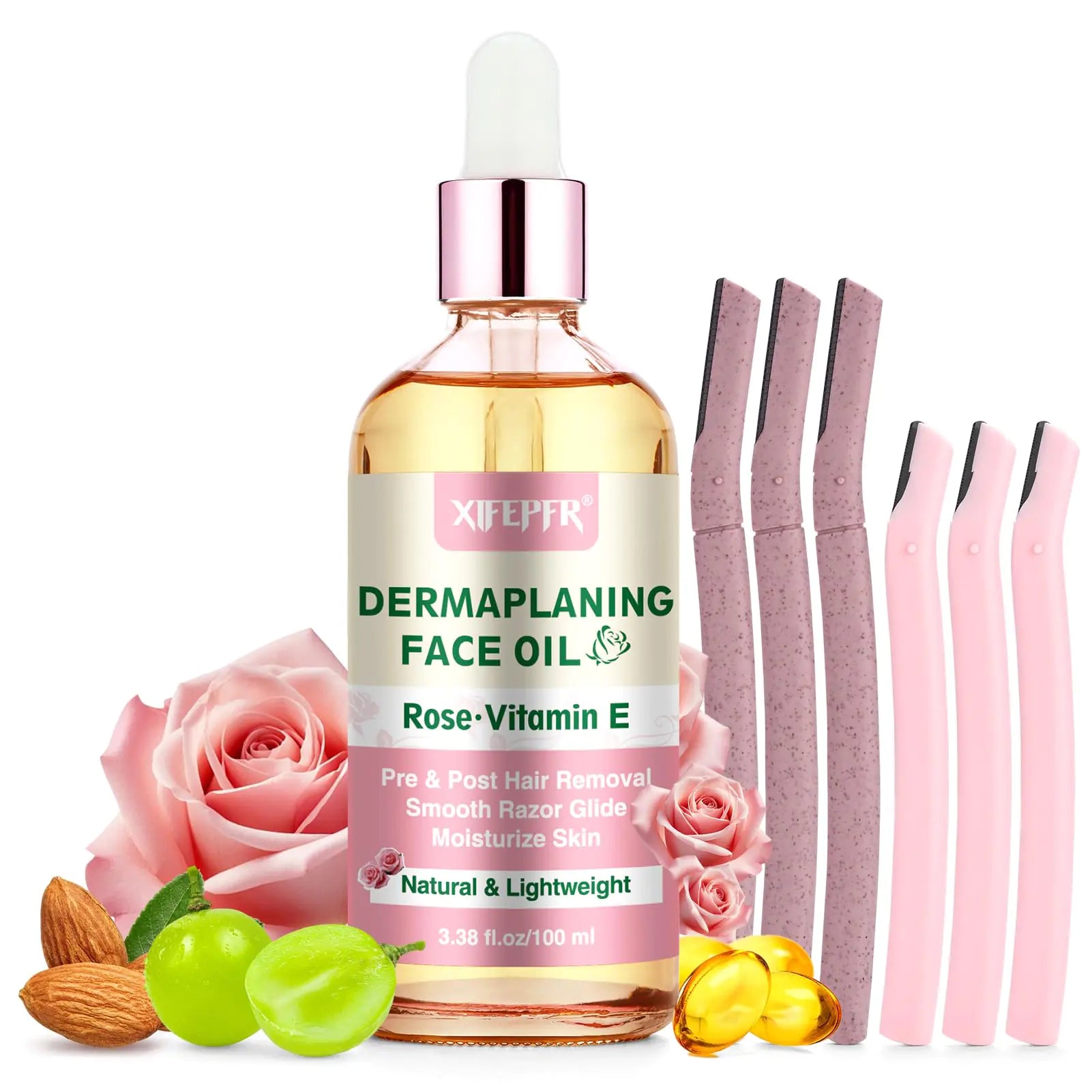 XIFEPFR Dermaplaning Kit Rose & Vitamin E Oil Shave Oil with Dermaplaning Tools for Women Facial Razor Eyebrow Razor Softens Area Pre Shave & After Shave