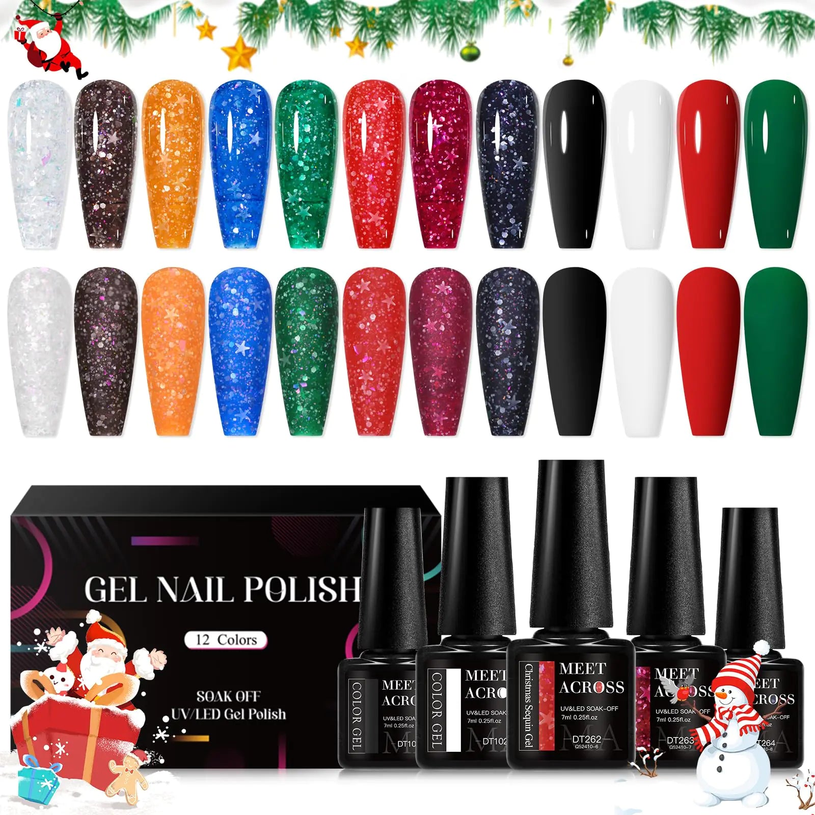 MEET ACROSS 12-Piece Gel Nail Polish Set - Christmas Colors & Glitter