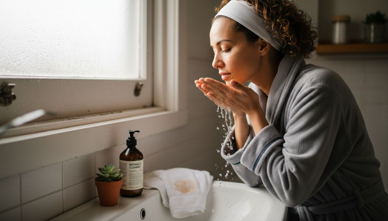 Woman washing face in bright bathroom mirror