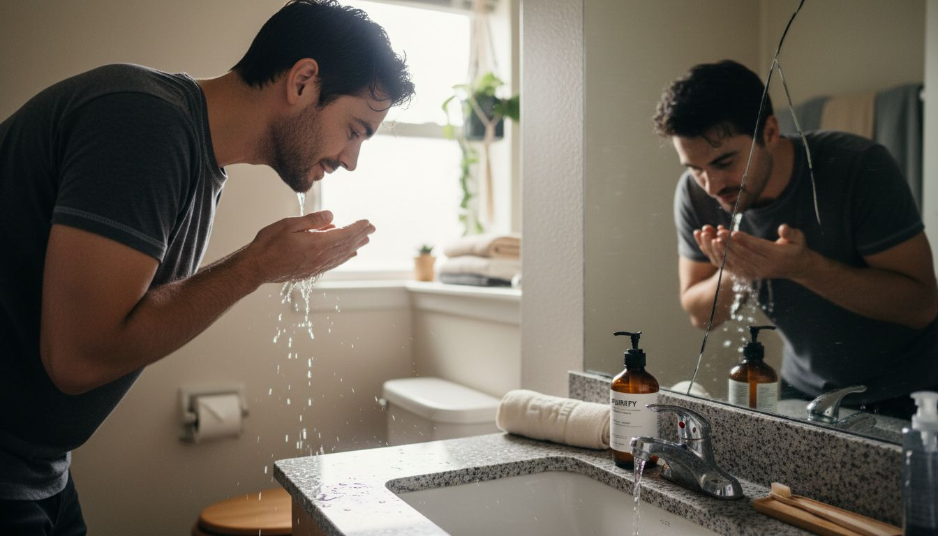 Man washing face at bathroom sink