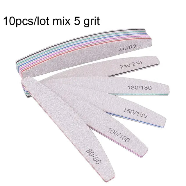 Professional Nail File Set - 5/10 Pcs, 80 to 240 Grit, Half-Moon Design