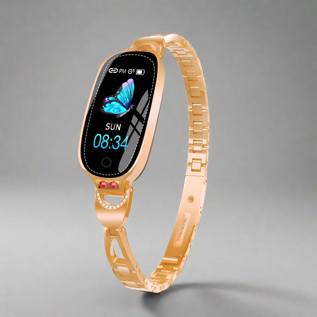 A rose gold-colored women's fashion sports bracelet with a touchscreen display showing a running silhouette and the word 'SPORT'.