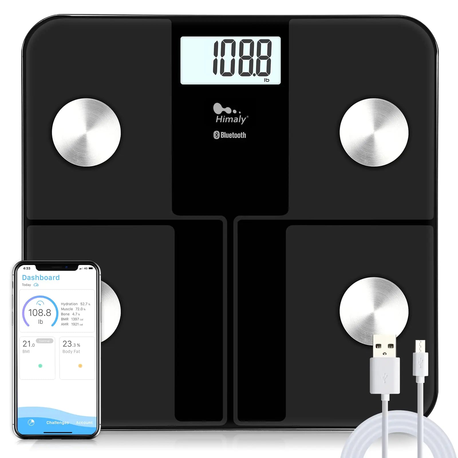 Himaly Smart Rechargeable Body Fat Scale - Bluetooth BMI & Muscle Mass Monitor