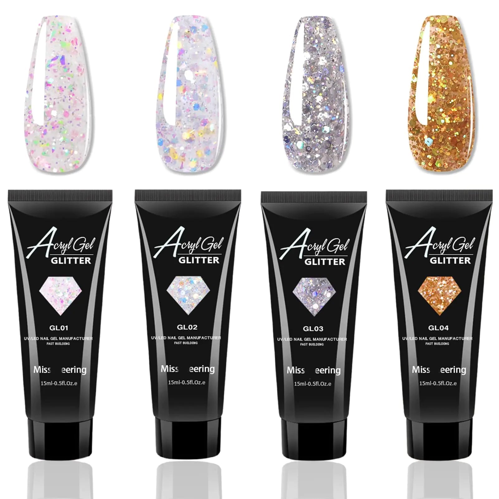 4 Pcs Glitter Nail Extension Gel Kit Reflective Nail Polish Gel Acrylic Nail Silver Gold and Clear Colorful Glitter Gel Nail Extensions Sparkle Gel Nail Extensions Kit UV/LED Needed for Home Salon - GNS Beauty & Personal Care