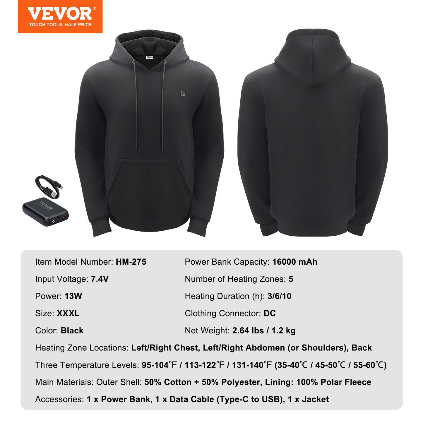 VEVOR Heated Hoodie with Battery - Unisex Black XXXL.