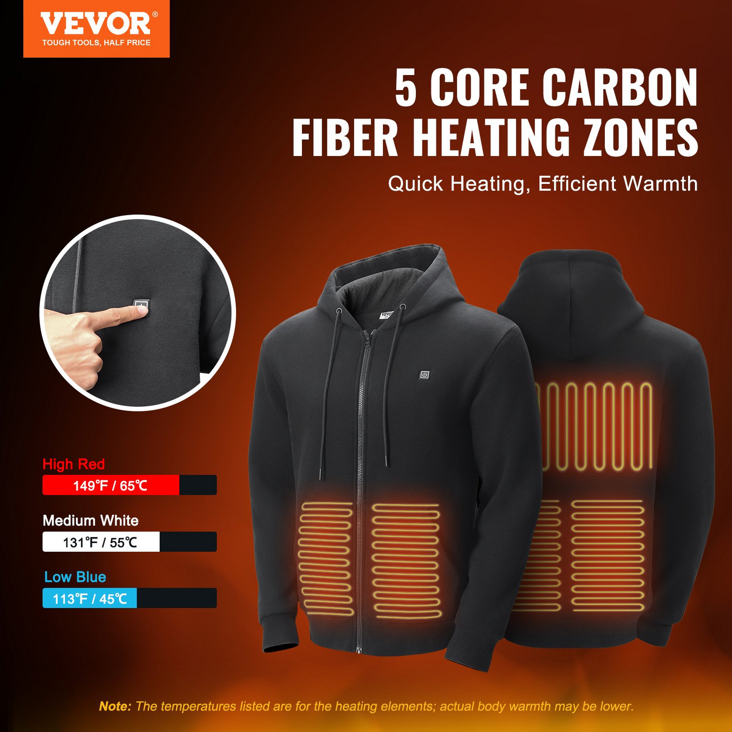 Unisex VEVOR Heated Hoodie with Battery | 3 Heat Levels & 10-Hour Warmth, Black - Size L.