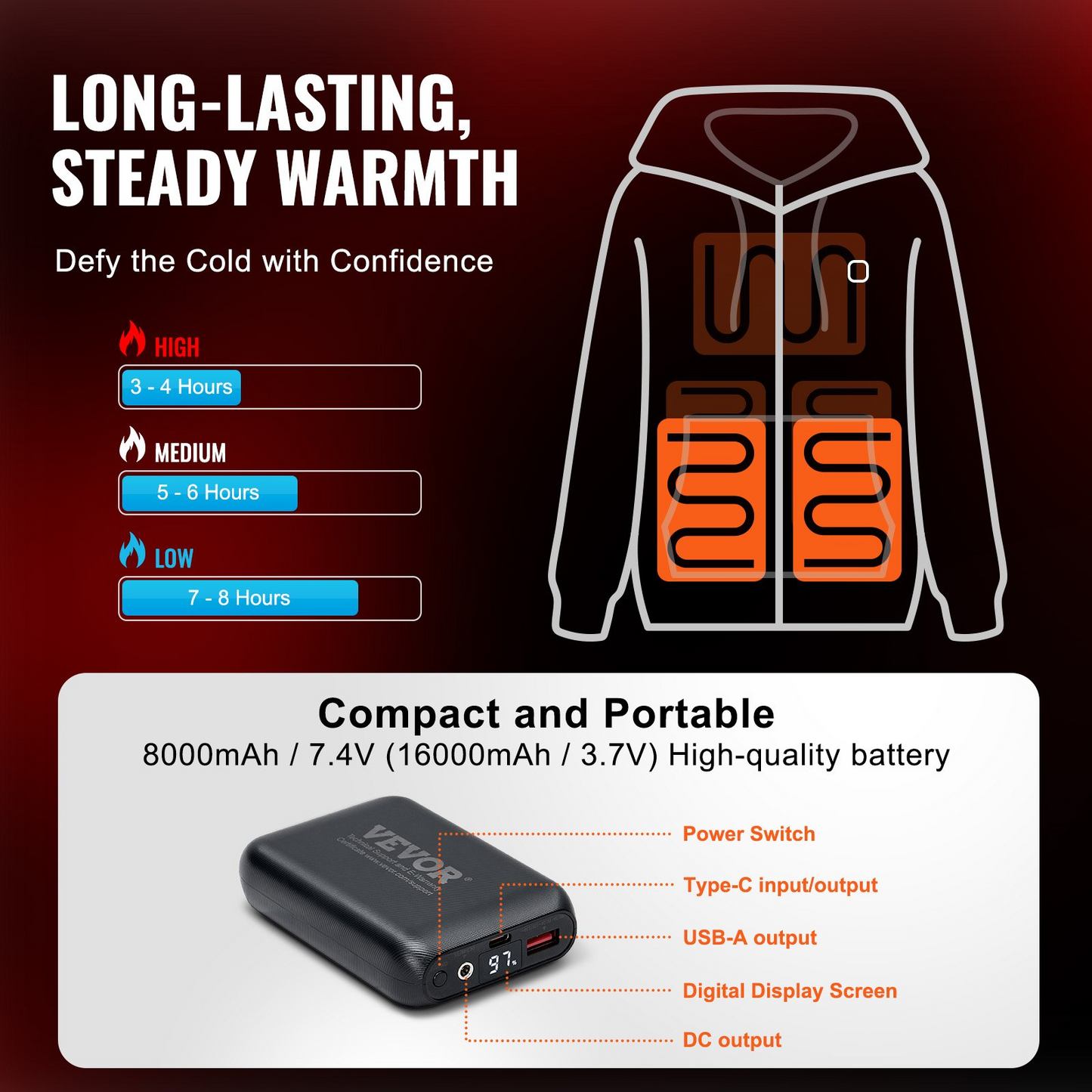 Unisex VEVOR Heated Hoodie with Battery | 3 Heat Levels & 10-Hour Warmth, Black - Size L.