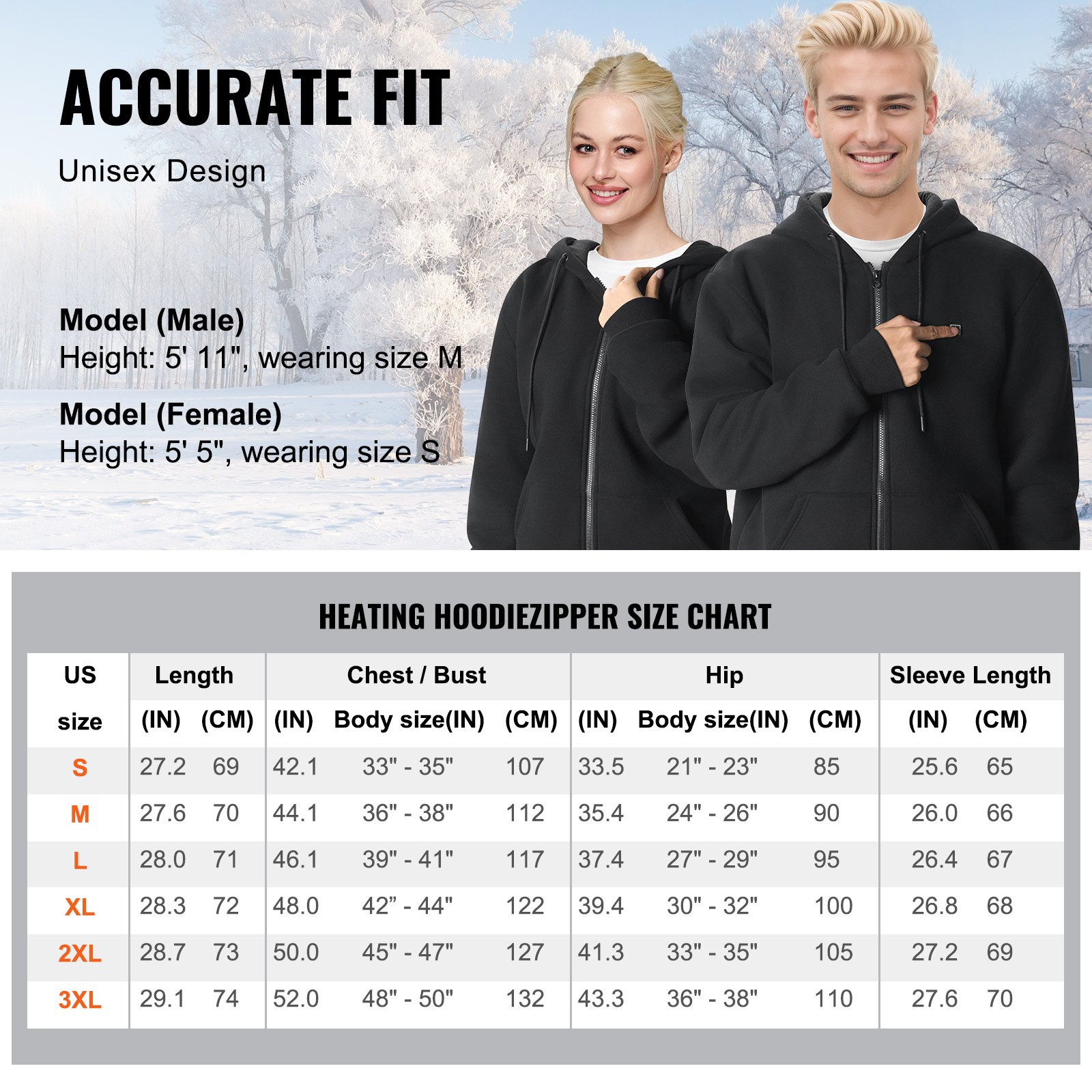 Unisex VEVOR Heated Hoodie with Battery | 3 Heat Levels & 10-Hour Warmth, Black - Size L.