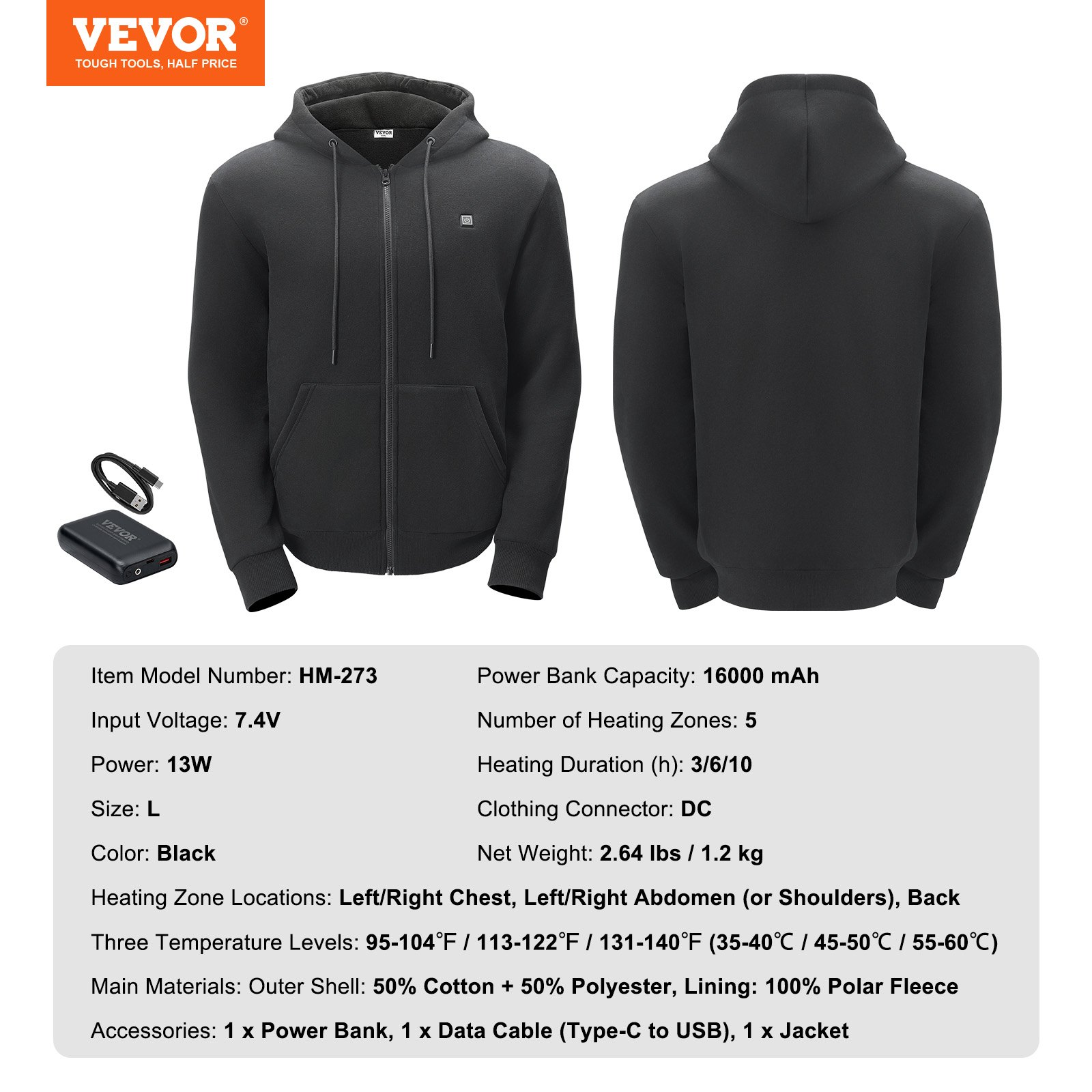 Unisex VEVOR Heated Hoodie with Battery | 3 Heat Levels & 10-Hour Warmth, Black - Size L.