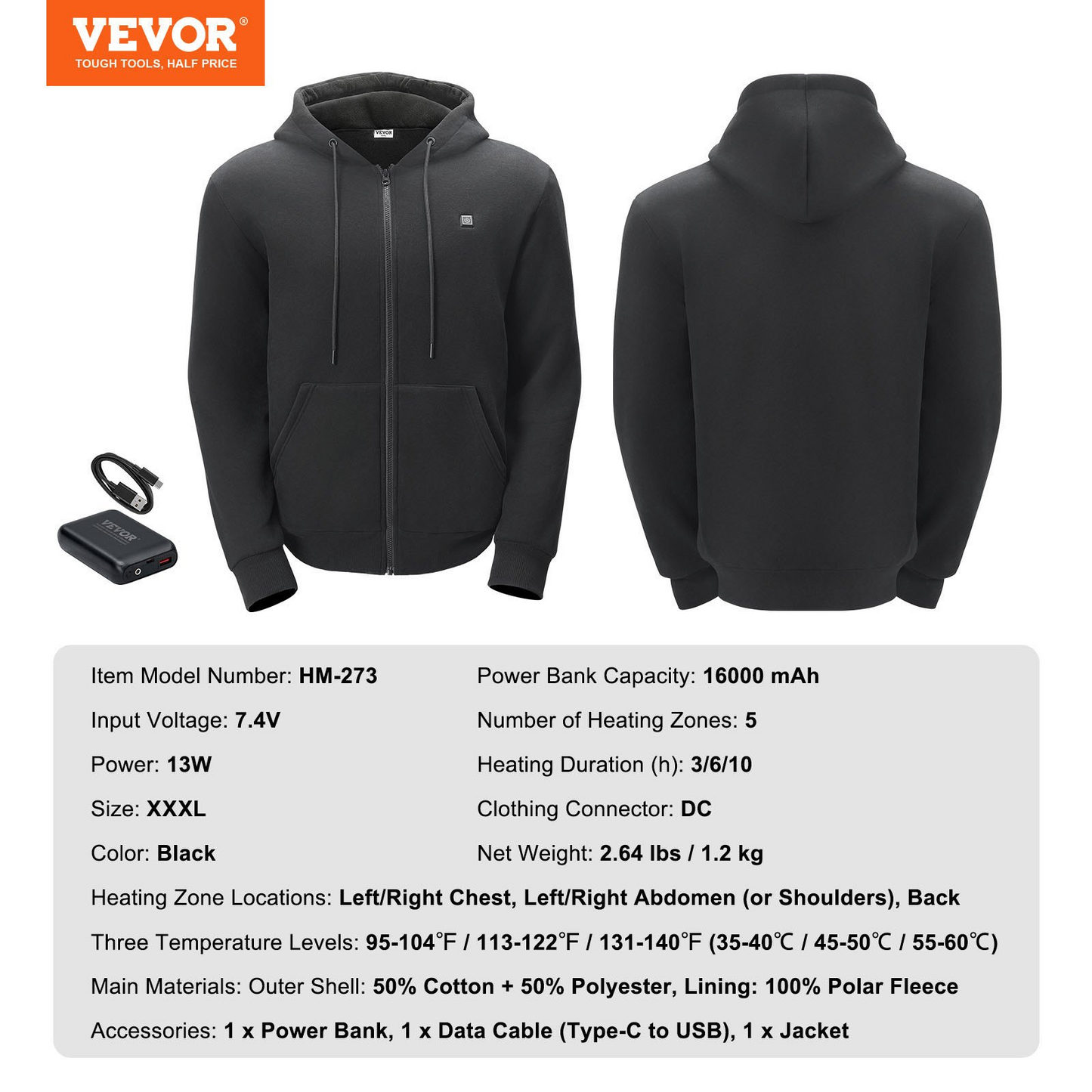 Best Heated Hoodie 2025 - VEVOR Unisex Zip-Up Hoodie with Battery, Black, XXXL.