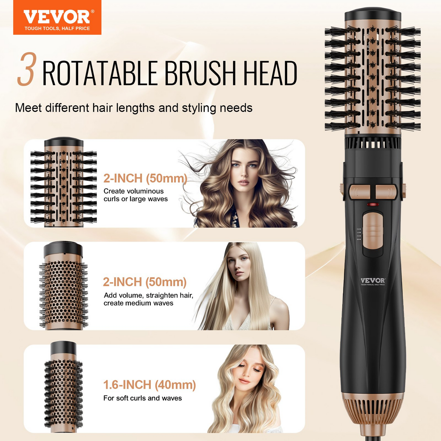 VEVOR Rotating Hair Dryer Brush with 3 Interchangeable Heads