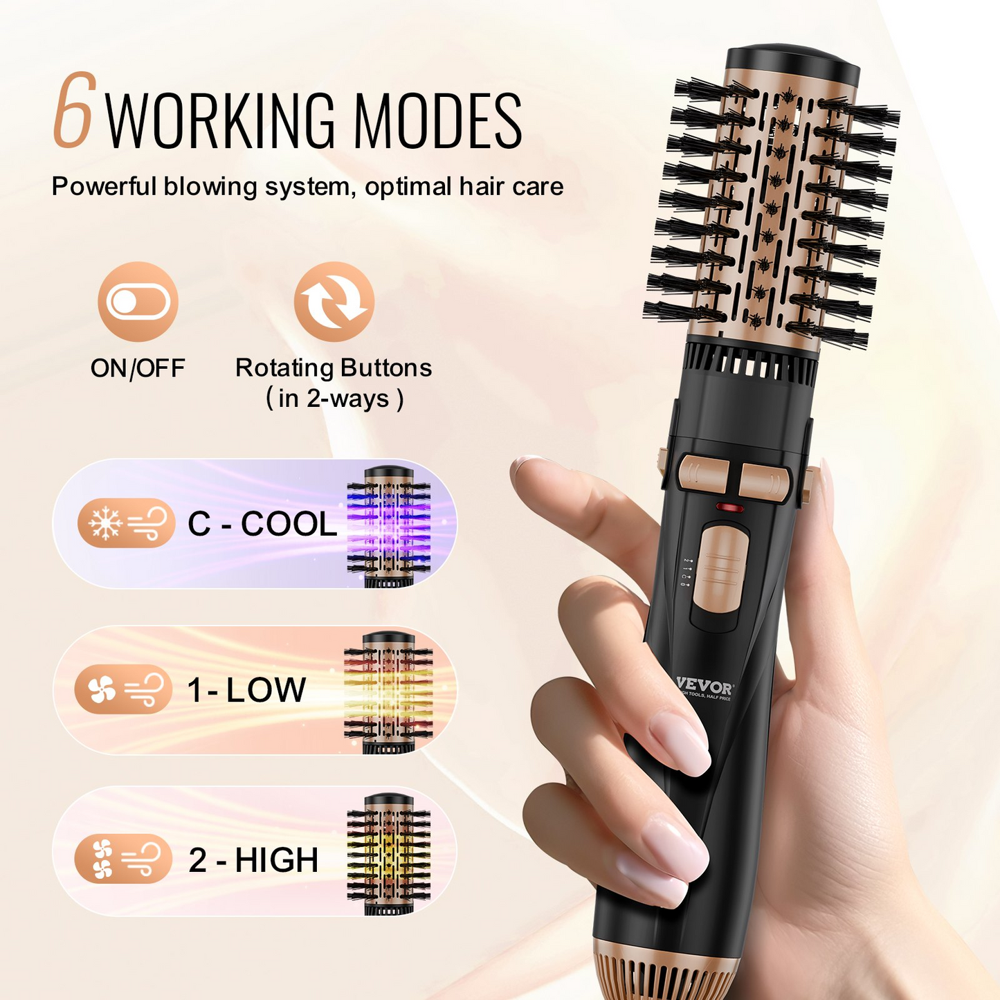 VEVOR Rotating Hair Dryer Brush with 3 Interchangeable Heads