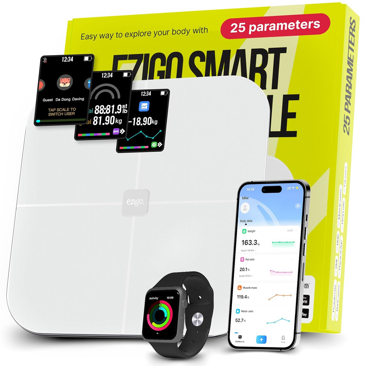 Professional Smart Scale - 25 Metrics, BMI, Body Fat, Muscle Mass, Bluetooth, Apple Health Compatible, 400lb Ultra White.