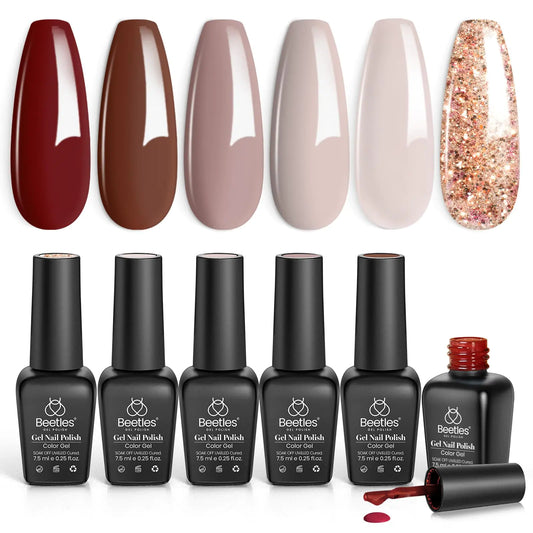 Beetles Fall Gel Nail Set - 6 Colors with Burgundy Glitter