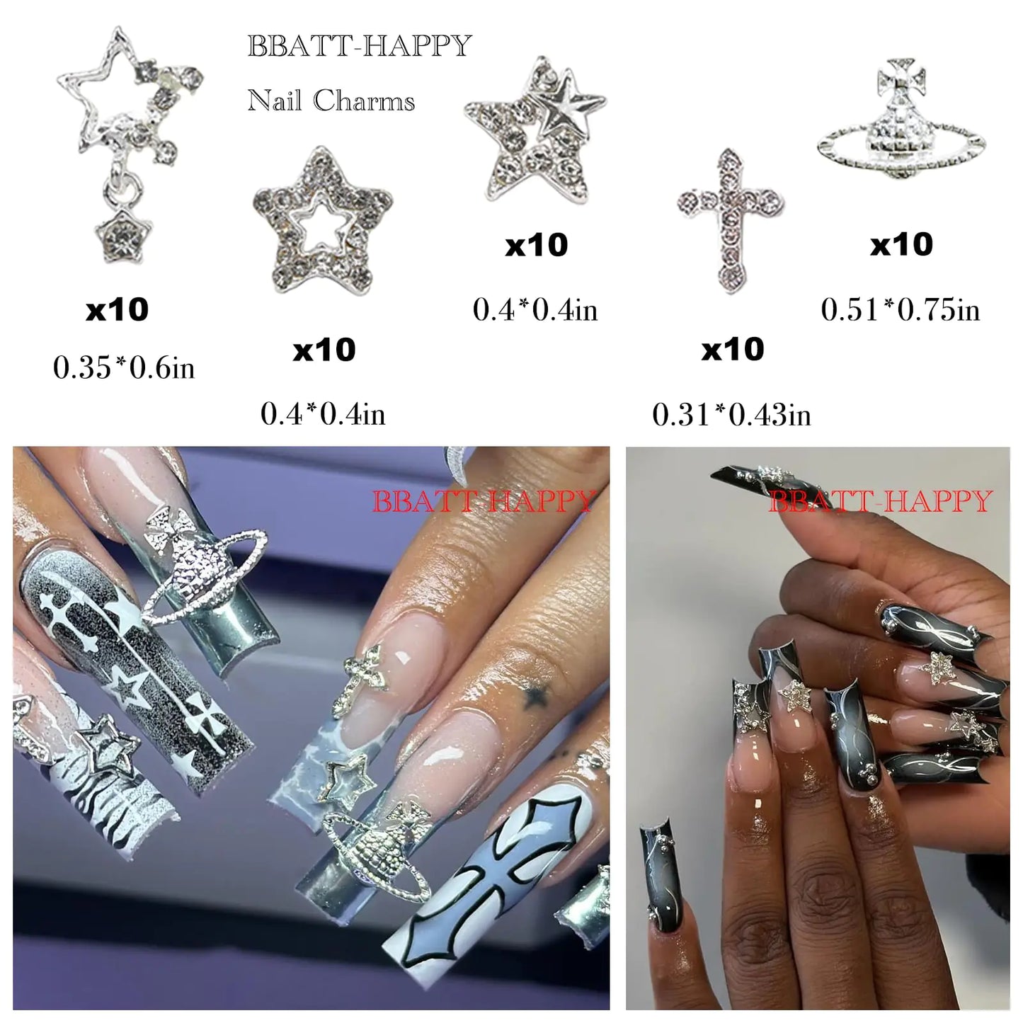 134PCS Acrylic Nail Charms - Silver Star, Planet & More