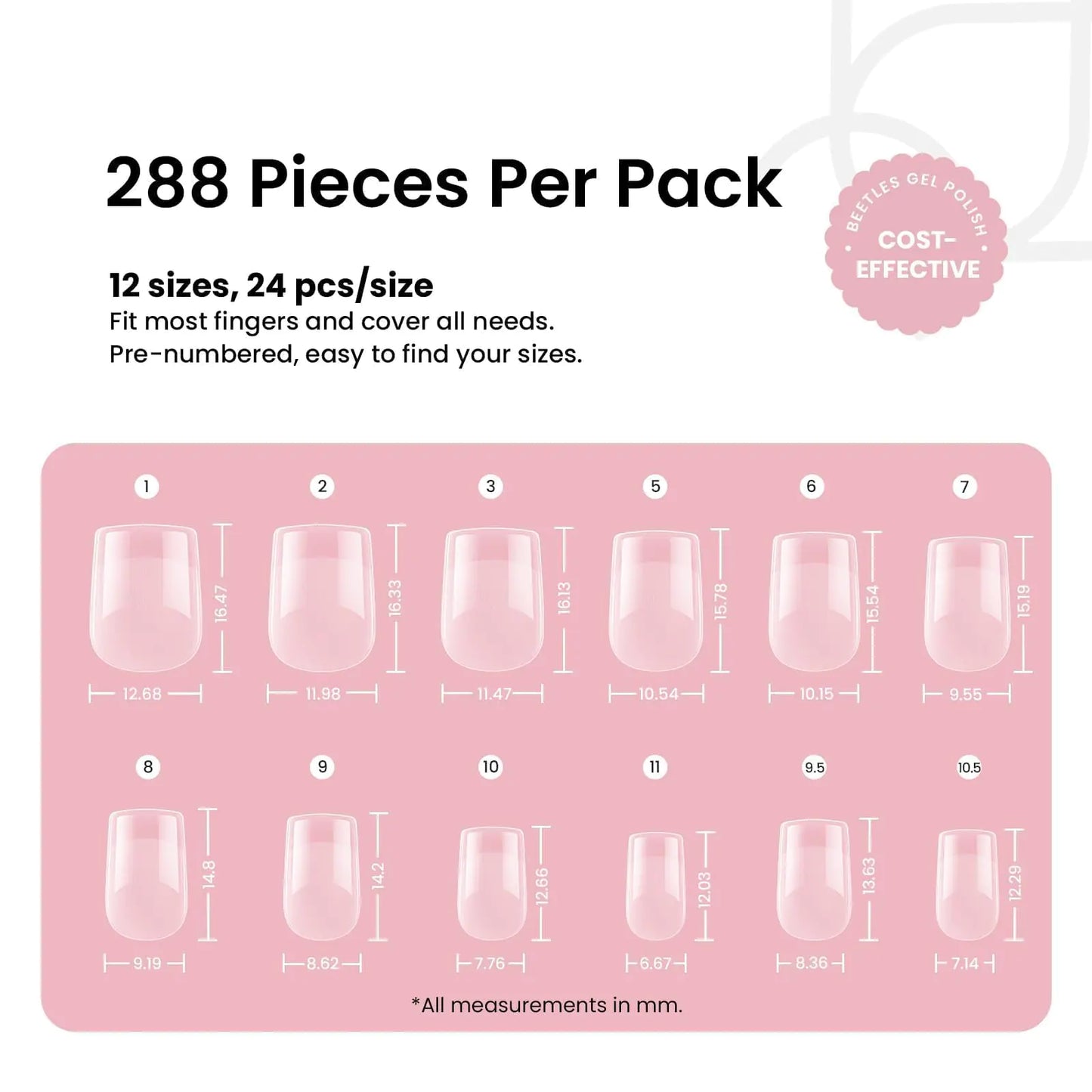 Beetles Extra Short Gel Nail Tips, 288 pcs in 12 Sizes - Half Matte Square