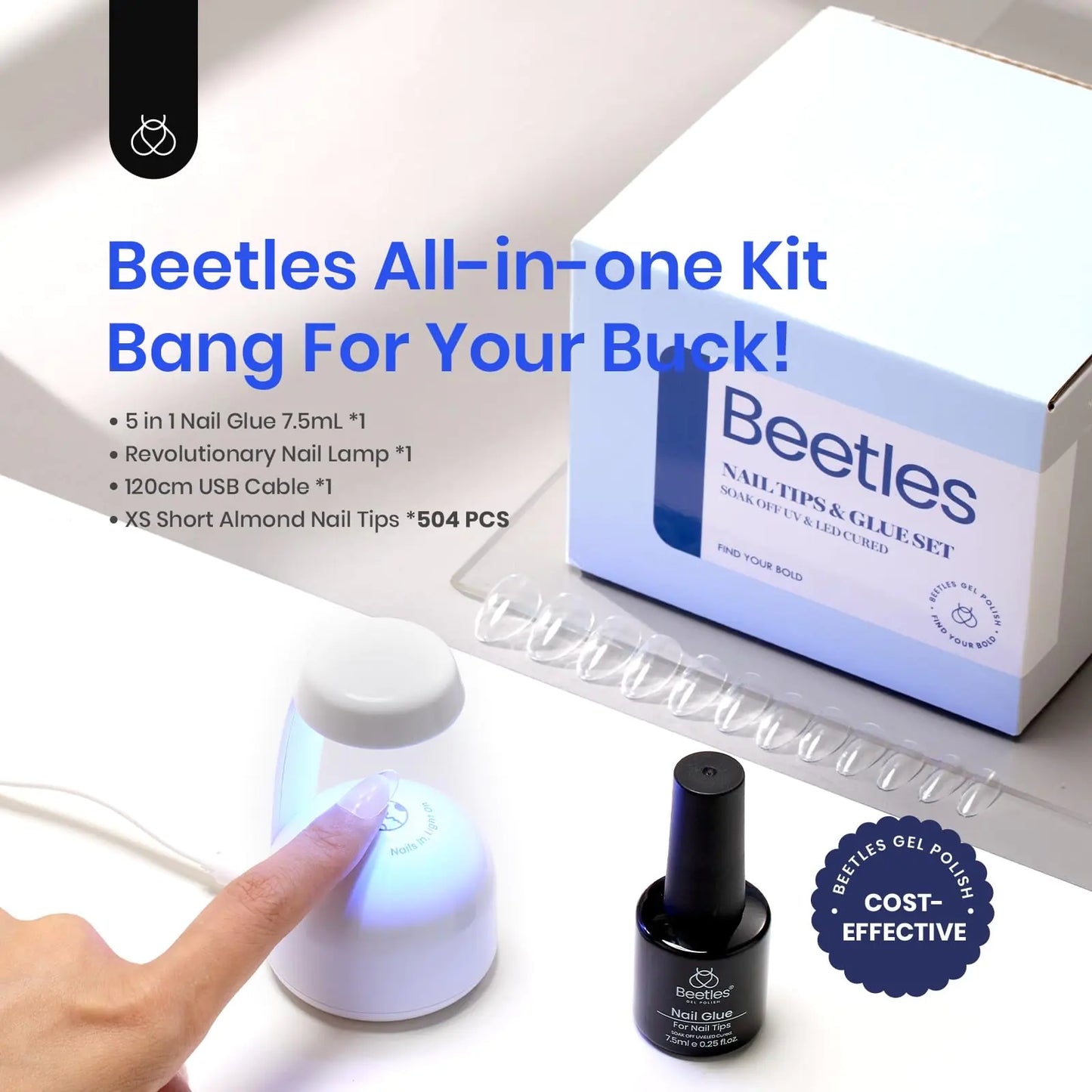 Beetles Gel Nail Extension Kit - 500 Short Almond Tips & UV Lamp