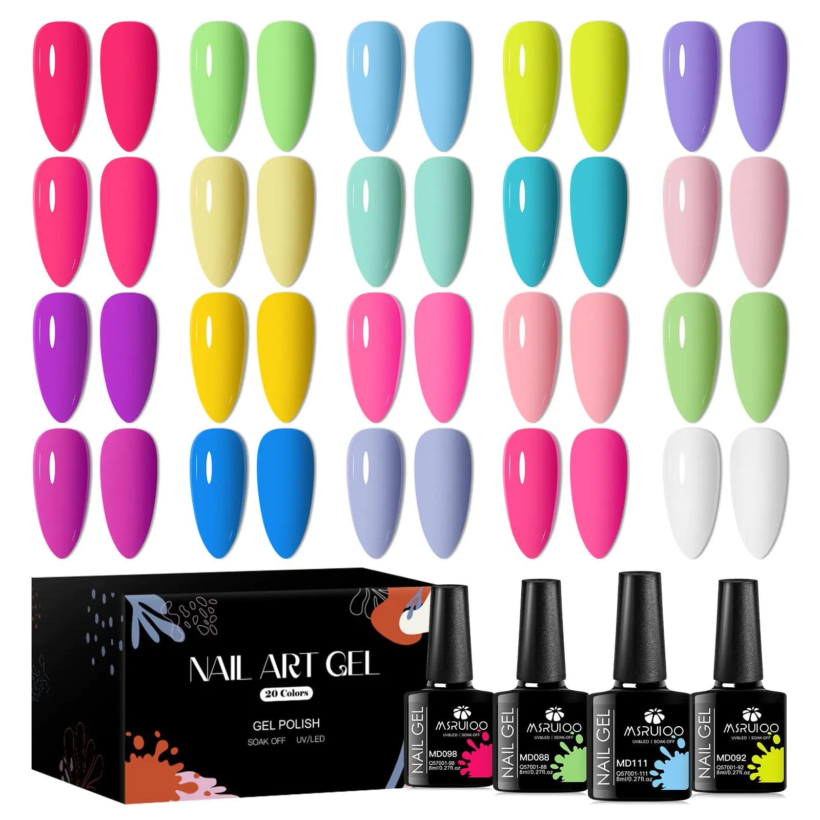 MSRUIOO 20-Piece Gel Nail Polish Set - Summer Neon & Rainbow Bright