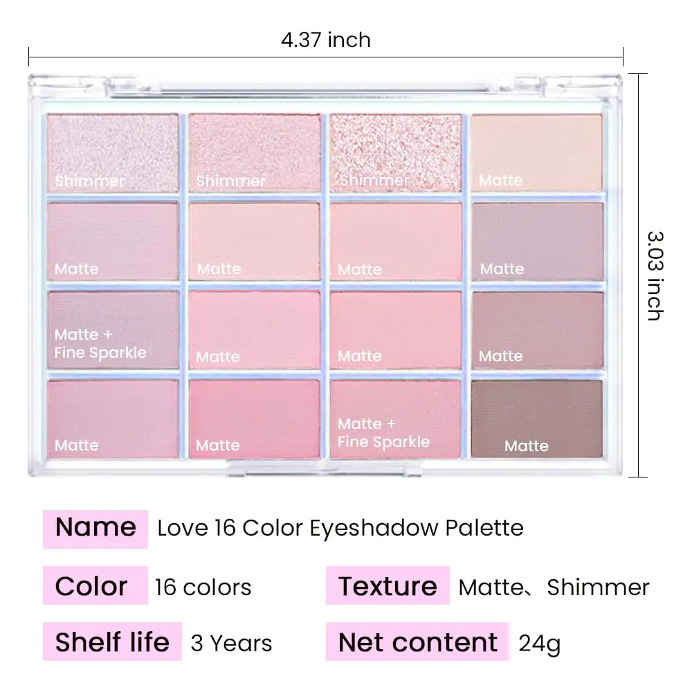 Pink Nude Matte Eyeshadow Palette - 16 Shades, Ultra-Blendable & Waterproof