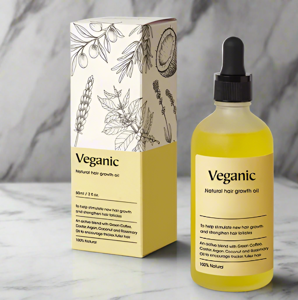 Veganic natural hair growth oil bottle and packaging on a white background