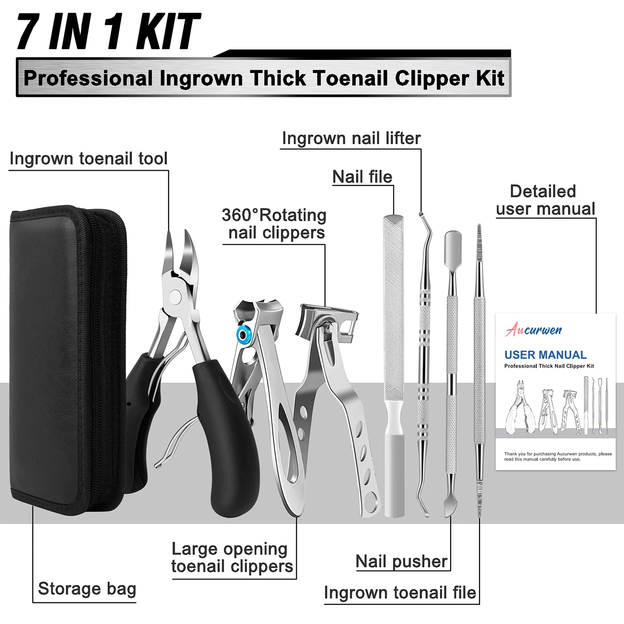 Aucurwen Heavy Duty Toenail Clippers for Thick Nails - 7Pcs Set - GNS Beauty & Personal Care
