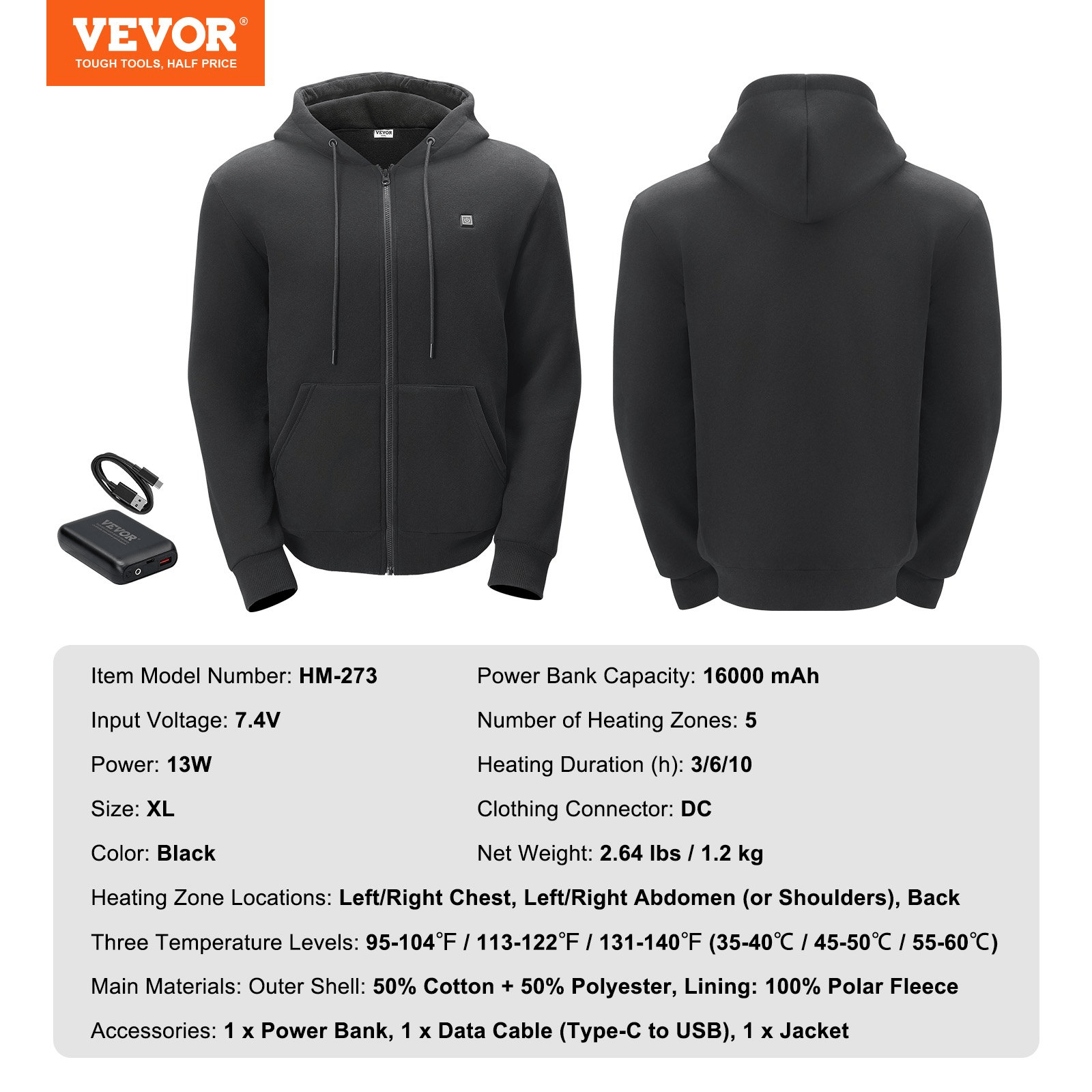 Battery Powered Zip - Up Heated Hoodie - Unisex Black XL - GNS Beauty & Personal Care