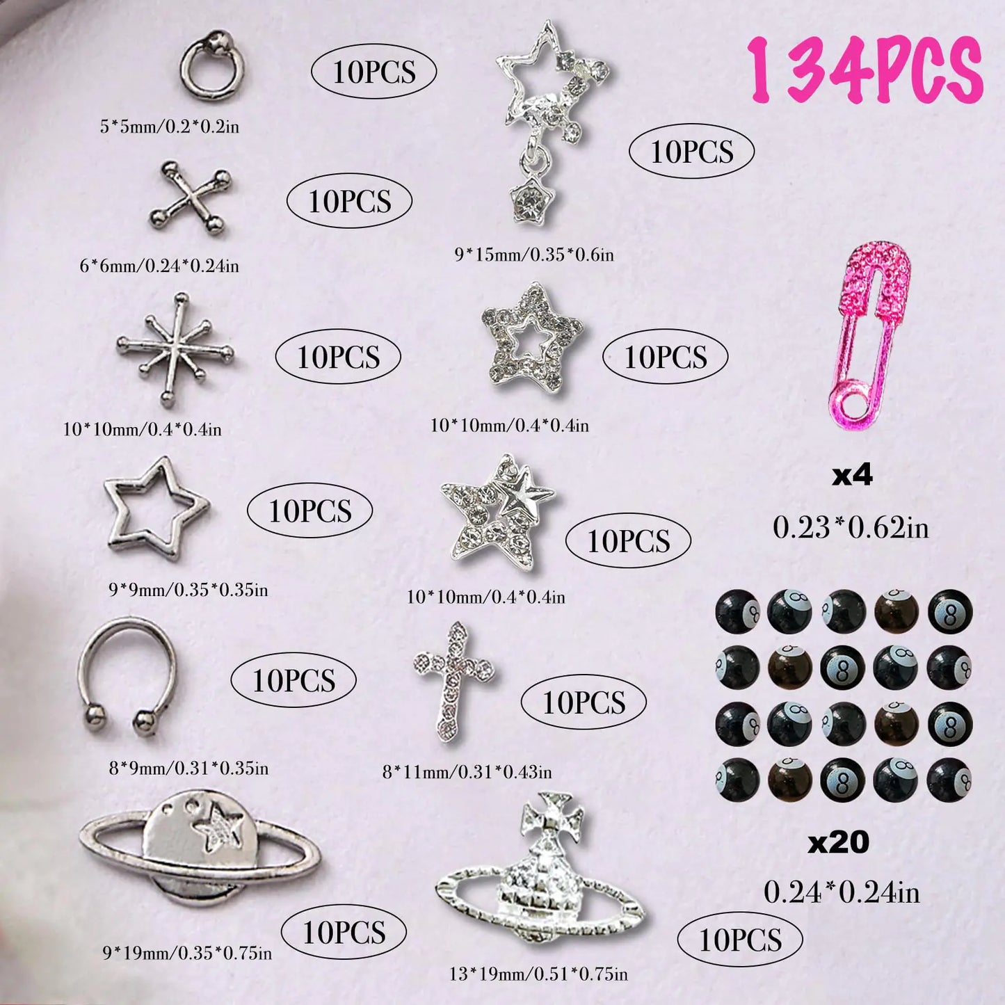 134PCS Acrylic Nail Charms - Silver Star, Planet & More