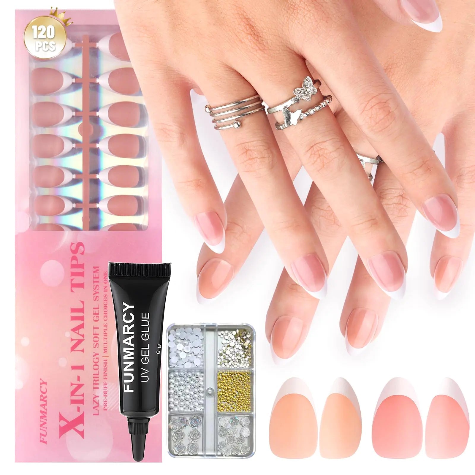 French Gel X Nail Tips Kit – 120PCS Almond Matte Tips with 5 - in - 1 Glue & Glitter Accessories - GNS Beauty & Personal Care