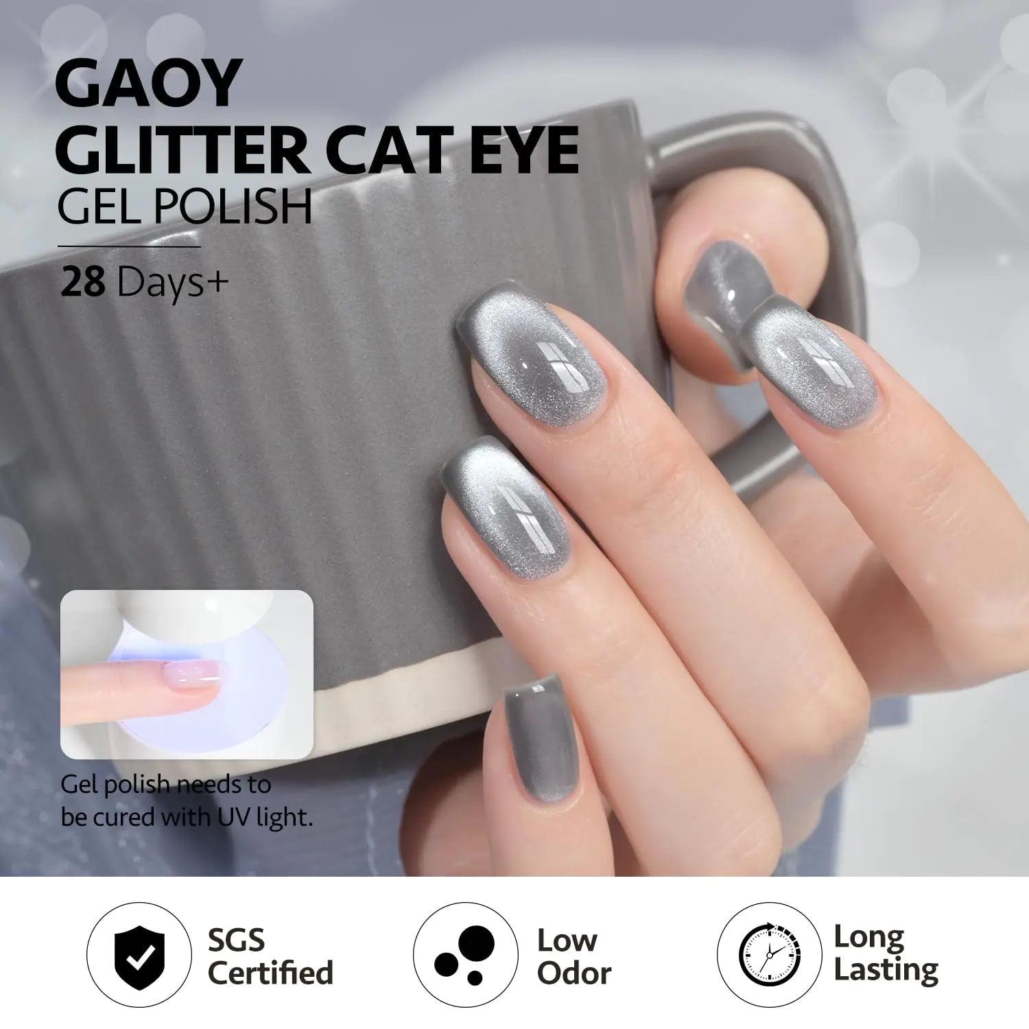 GAOY Gray Glassy UV Gel Polish, 16ml Reflective Cat Eye Nail Polish - GNS Beauty & Personal Care