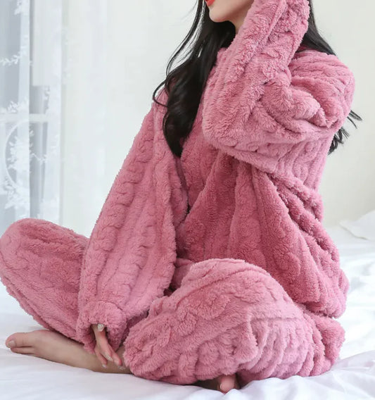 Winter-Pyjama-Sets Homewear Einfarbig Locker Verdickter Korallensamtpullover Mit Langen Ärmeln Und Hose Warmer Pyjama Indoor Outdoor Freizeitkleidung